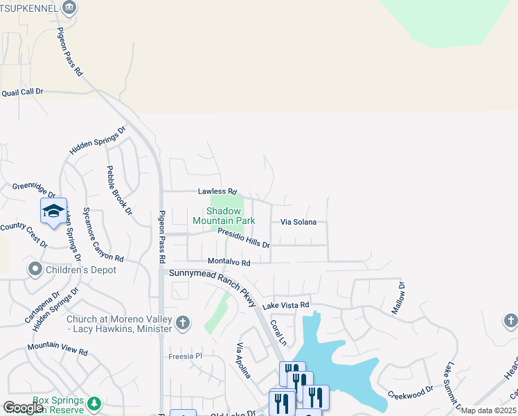 map of restaurants, bars, coffee shops, grocery stores, and more near 23390 Lawless Road in Moreno Valley