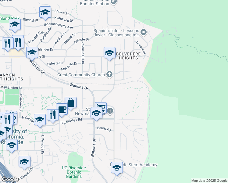 map of restaurants, bars, coffee shops, grocery stores, and more near 102 Linden Street in Riverside
