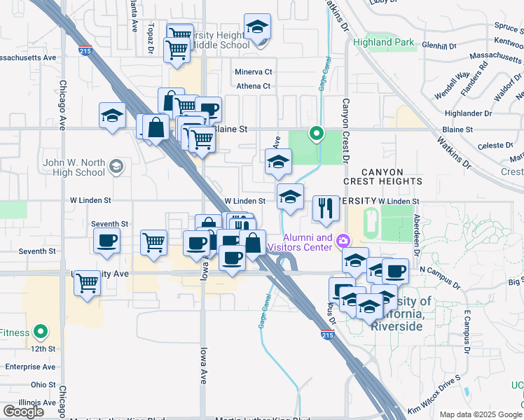 map of restaurants, bars, coffee shops, grocery stores, and more near in Riverside
