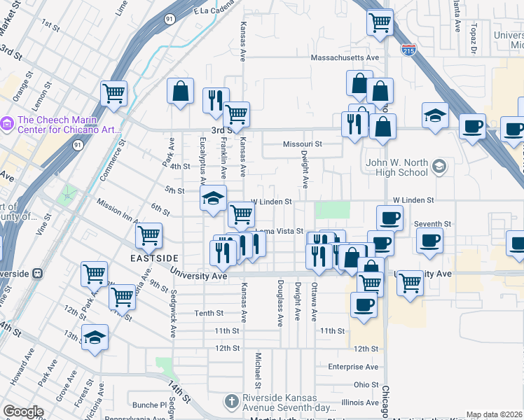 map of restaurants, bars, coffee shops, grocery stores, and more near 2005 West Linden Street in Riverside