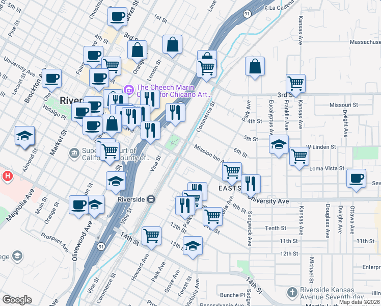 map of restaurants, bars, coffee shops, grocery stores, and more near 3093 Mission Inn Avenue in Riverside