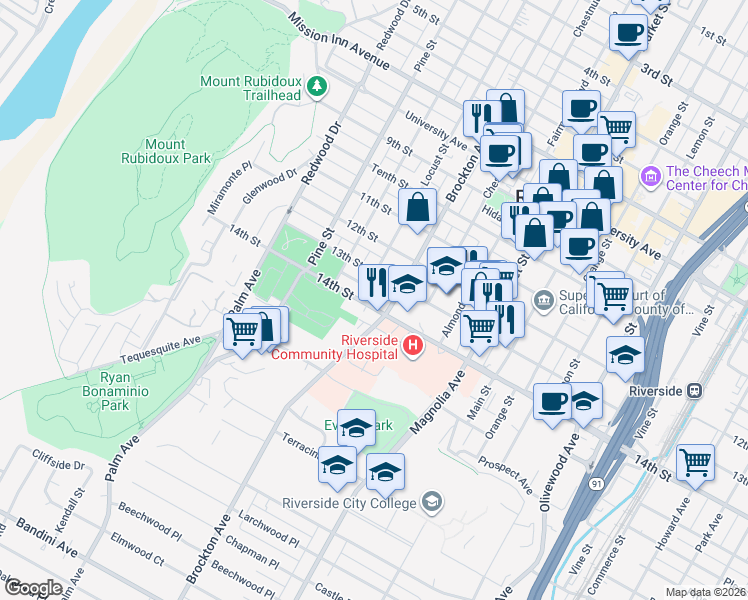 map of restaurants, bars, coffee shops, grocery stores, and more near 4211 El Dorado Street in Riverside
