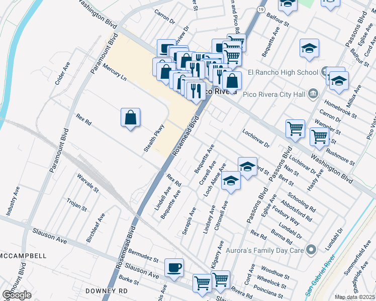 map of restaurants, bars, coffee shops, grocery stores, and more near 7222 Rosemead Boulevard in Pico Rivera