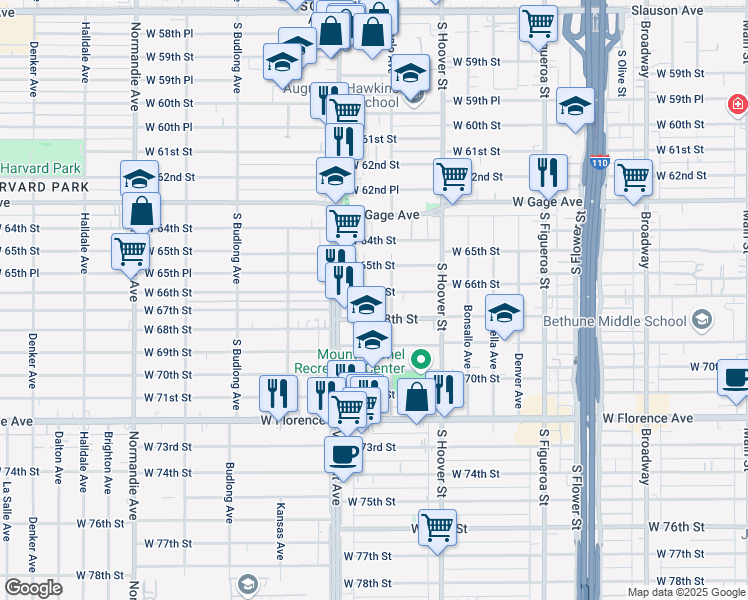 map of restaurants, bars, coffee shops, grocery stores, and more near 919 West 66th Street in Los Angeles