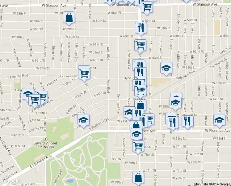 map of restaurants, bars, coffee shops, grocery stores, and more near 6532 Brynhurst Avenue in Los Angeles