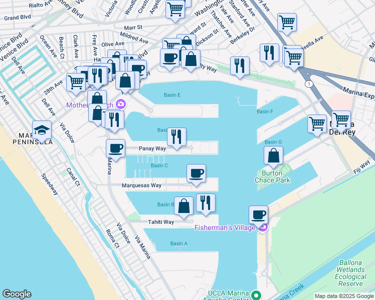 map of restaurants, bars, coffee shops, grocery stores, and more near 13915 Panay Way in Marina del Rey