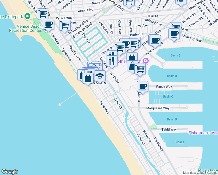 map of restaurants, bars, coffee shops, grocery stores, and more near 3115 Strongs Drive in Marina del Rey