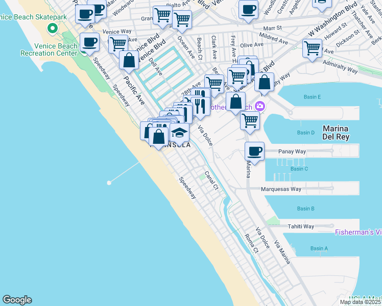 map of restaurants, bars, coffee shops, grocery stores, and more near 3115 Strongs Drive in Marina del Rey