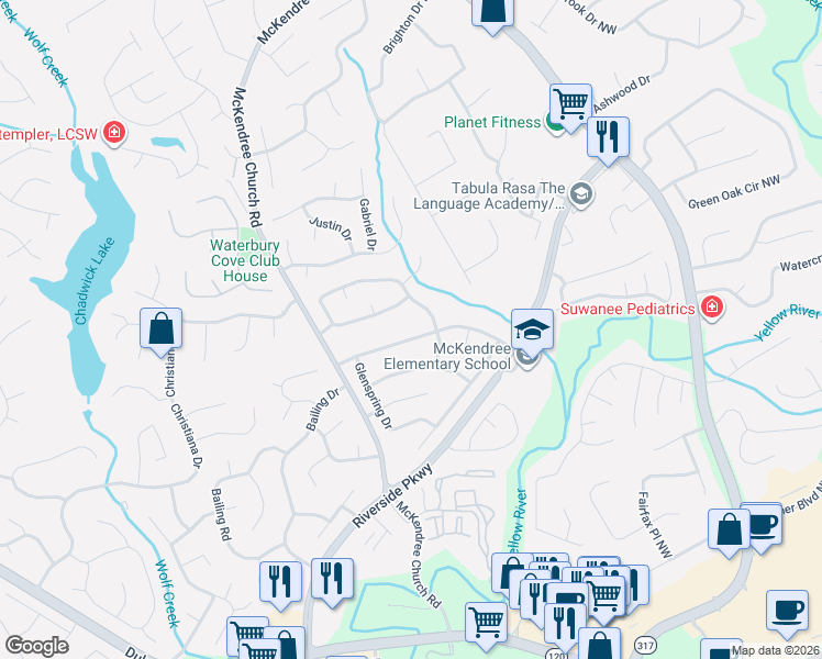 map of restaurants, bars, coffee shops, grocery stores, and more near 710 Meadowsong Circle in Lawrenceville