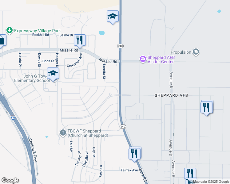 map of restaurants, bars, coffee shops, grocery stores, and more near 125 Century Street in Sheppard Air Force Base