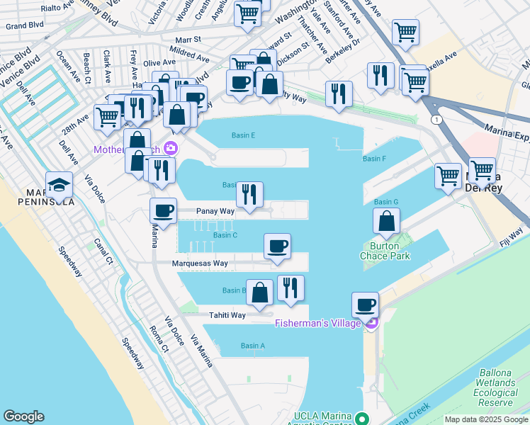map of restaurants, bars, coffee shops, grocery stores, and more near 13915 Panay Way in Marina del Rey