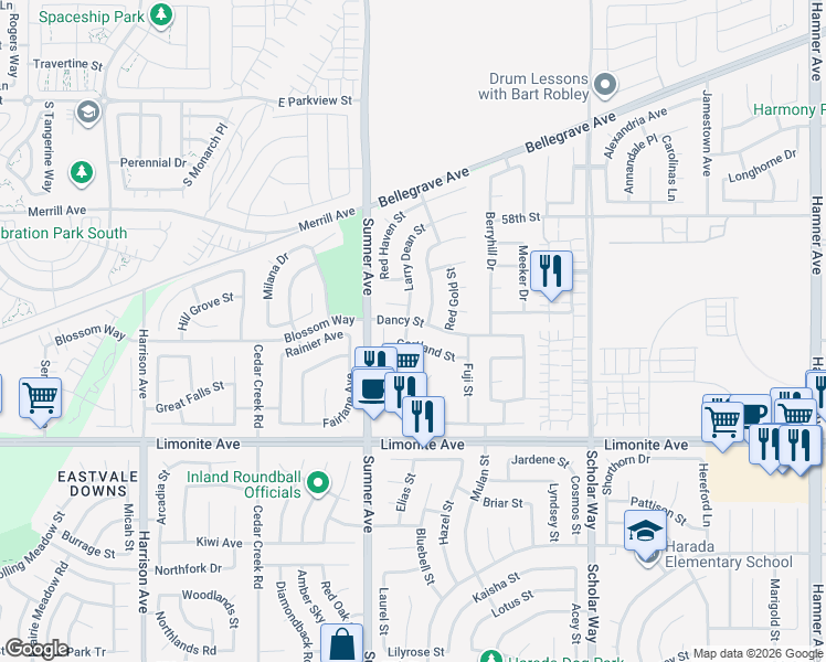 map of restaurants, bars, coffee shops, grocery stores, and more near 6022 Larry Dean Street in Corona