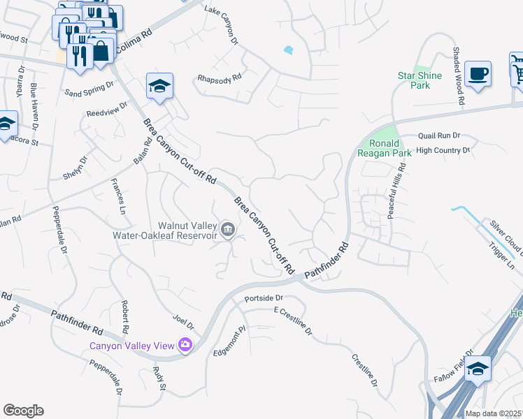 map of restaurants, bars, coffee shops, grocery stores, and more near 20374 Bickford Drive in Walnut