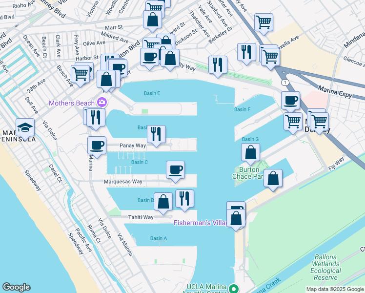 map of restaurants, bars, coffee shops, grocery stores, and more near 13900 Panay Way in Marina del Rey