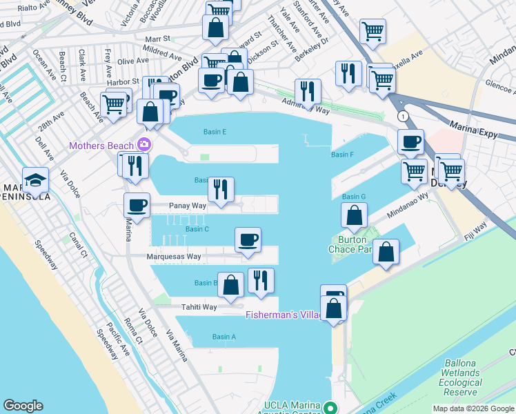 map of restaurants, bars, coffee shops, grocery stores, and more near 13900 Panay Way in Marina del Rey