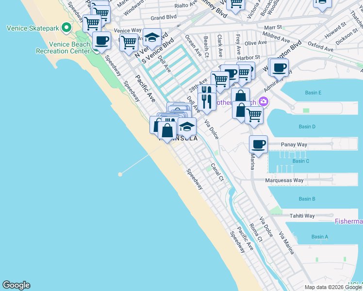 map of restaurants, bars, coffee shops, grocery stores, and more near 34 Anchorage Street in Los Angeles