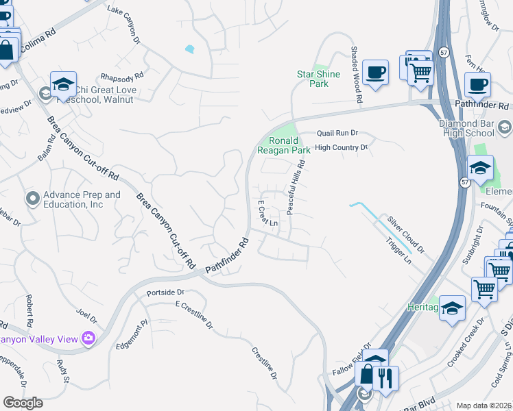 map of restaurants, bars, coffee shops, grocery stores, and more near 20735 Crest Lane in Diamond Bar