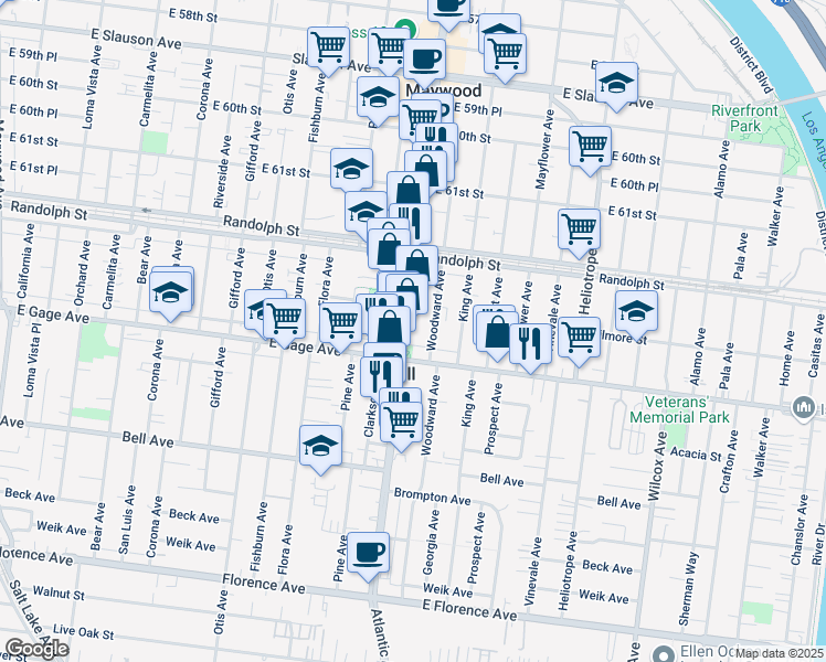 map of restaurants, bars, coffee shops, grocery stores, and more near 6312 Atlantic Avenue in Bell