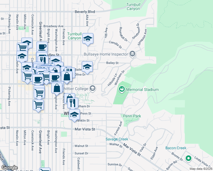 map of restaurants, bars, coffee shops, grocery stores, and more near 7013 Hillside Lane in Whittier