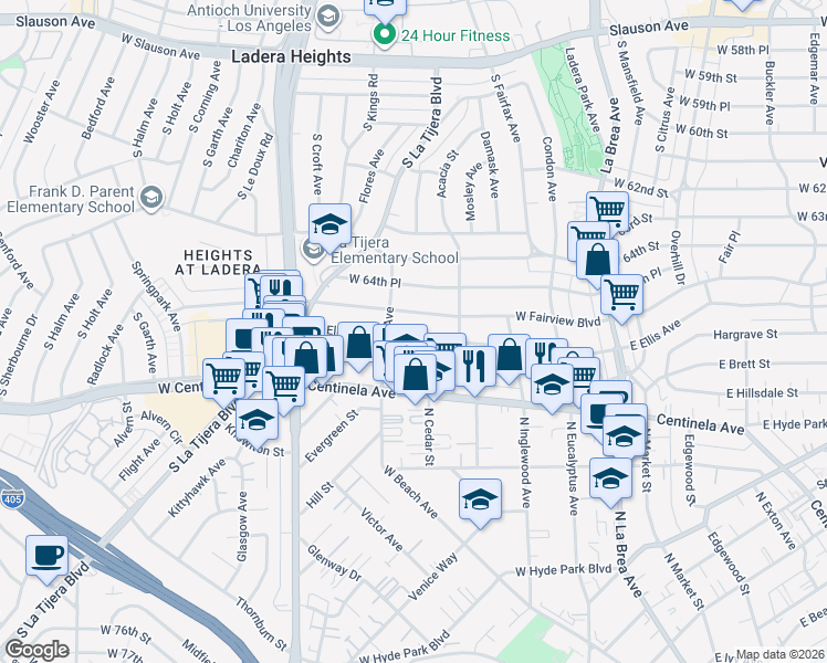 map of restaurants, bars, coffee shops, grocery stores, and more near 441 West Ellis Avenue in Inglewood