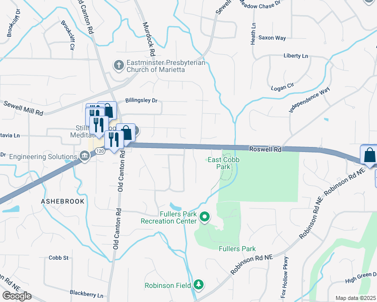 map of restaurants, bars, coffee shops, grocery stores, and more near 1200 Mitsy Forest Drive Northeast in Marietta