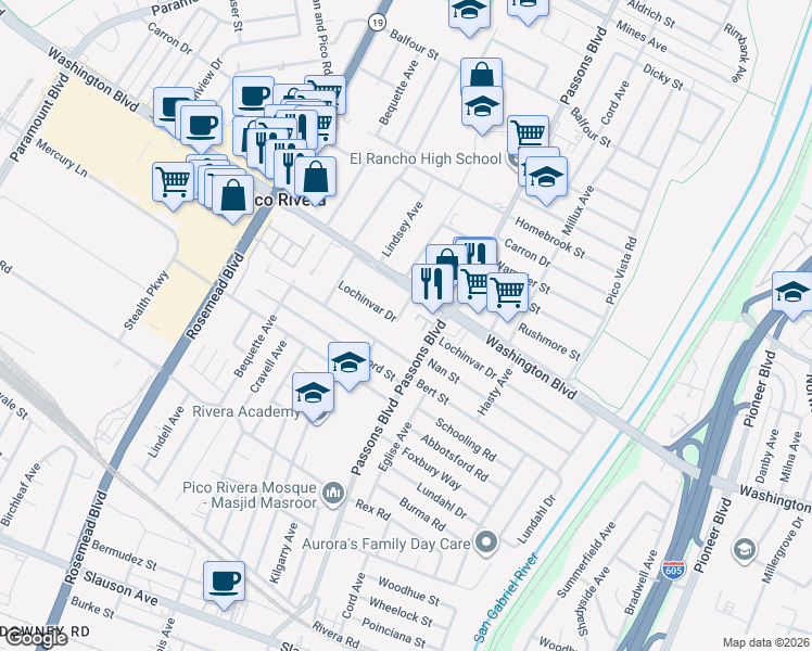 map of restaurants, bars, coffee shops, grocery stores, and more near 7036 Kilgarry Avenue in Pico Rivera