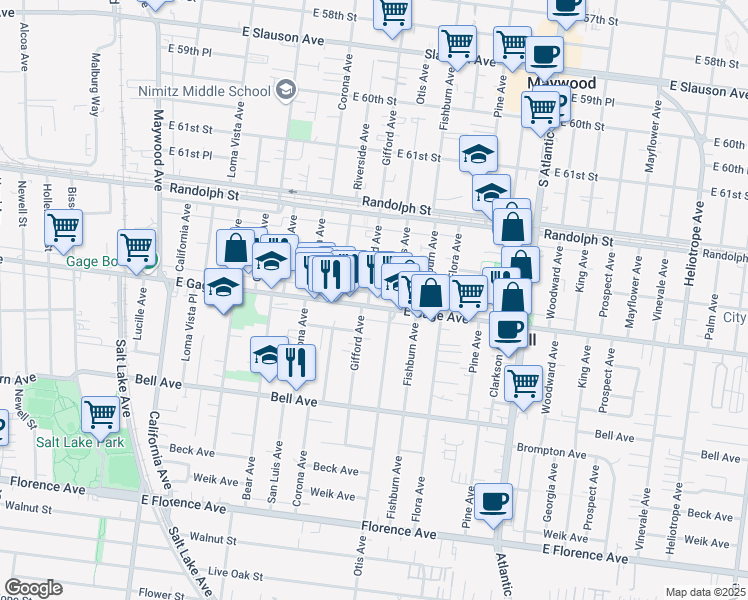 map of restaurants, bars, coffee shops, grocery stores, and more near 6331 Gifford Avenue in Bell