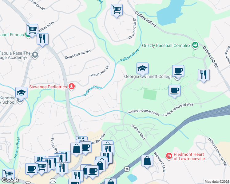 map of restaurants, bars, coffee shops, grocery stores, and more near 972 Sugar Oak Lane in Lawrenceville