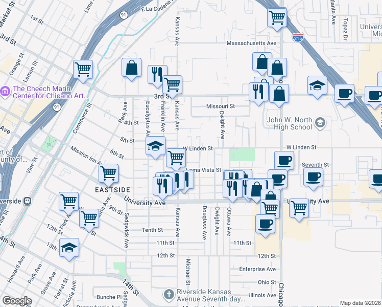 map of restaurants, bars, coffee shops, grocery stores, and more near 2005 West Linden Street in Riverside