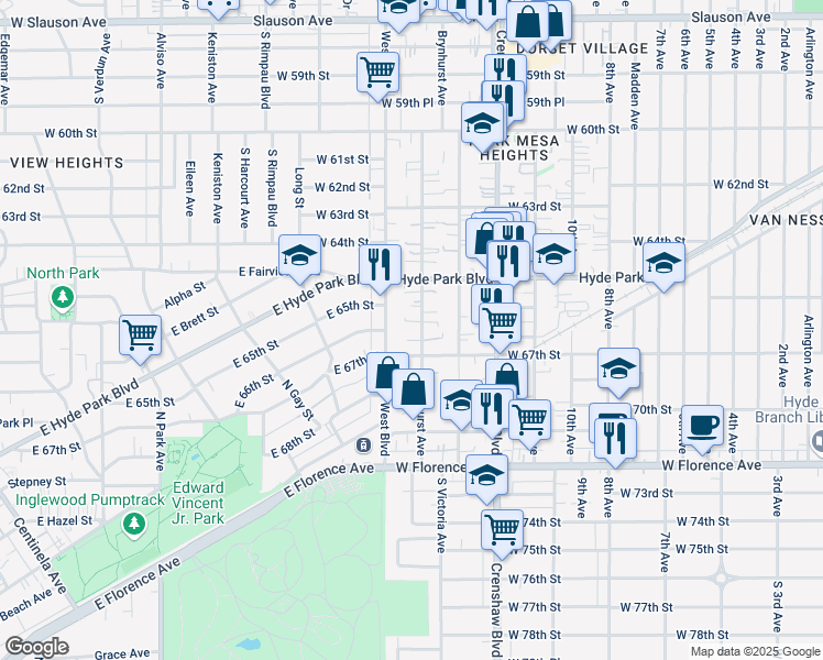 map of restaurants, bars, coffee shops, grocery stores, and more near 6532 Brynhurst Avenue in Los Angeles