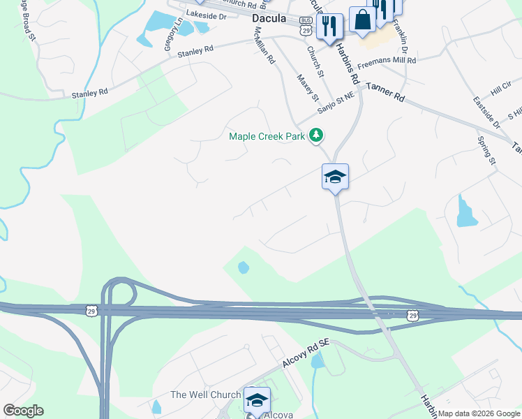 map of restaurants, bars, coffee shops, grocery stores, and more near 2323 Robin Ridge Drive Southeast in Dacula