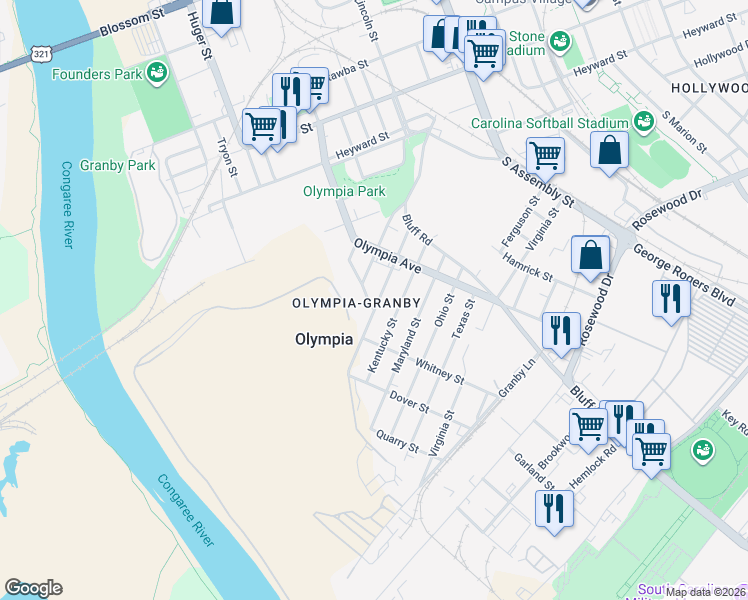 map of restaurants, bars, coffee shops, grocery stores, and more near 525 Georgia Street in Columbia