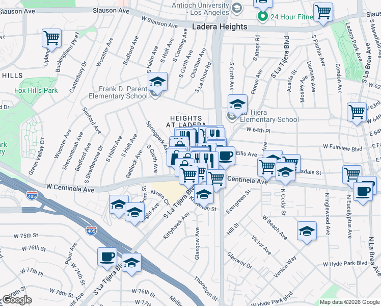 map of restaurants, bars, coffee shops, grocery stores, and more near 5325 West Centinela Avenue in Los Angeles