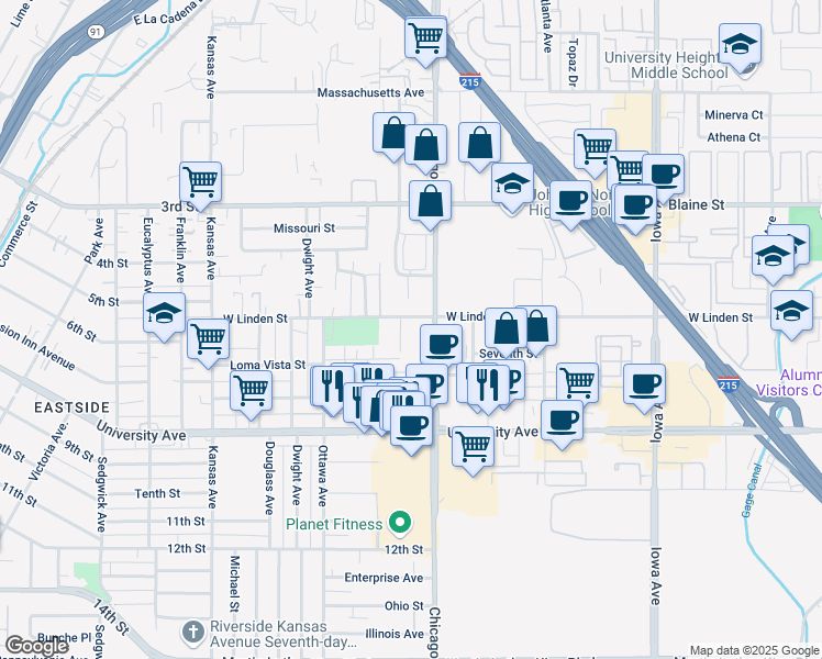 map of restaurants, bars, coffee shops, grocery stores, and more near 3500 Lou Ella Lane in Riverside