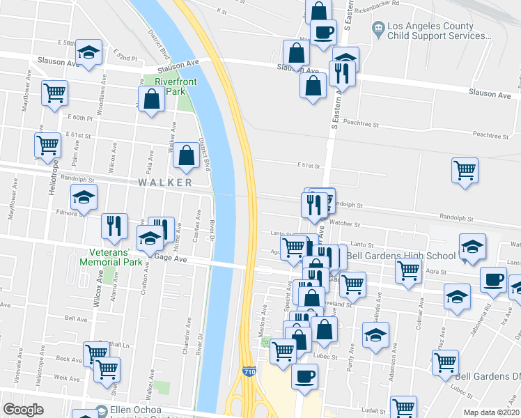map of restaurants, bars, coffee shops, grocery stores, and more near 5513 Watcher Street in Bell Gardens