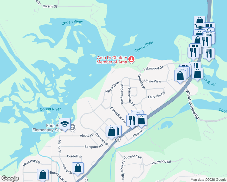 map of restaurants, bars, coffee shops, grocery stores, and more near 221 Alpine View in Gadsden