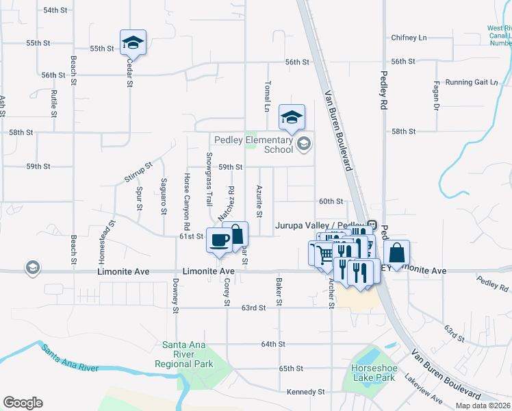 map of restaurants, bars, coffee shops, grocery stores, and more near 6013 Azurite Street in Riverside