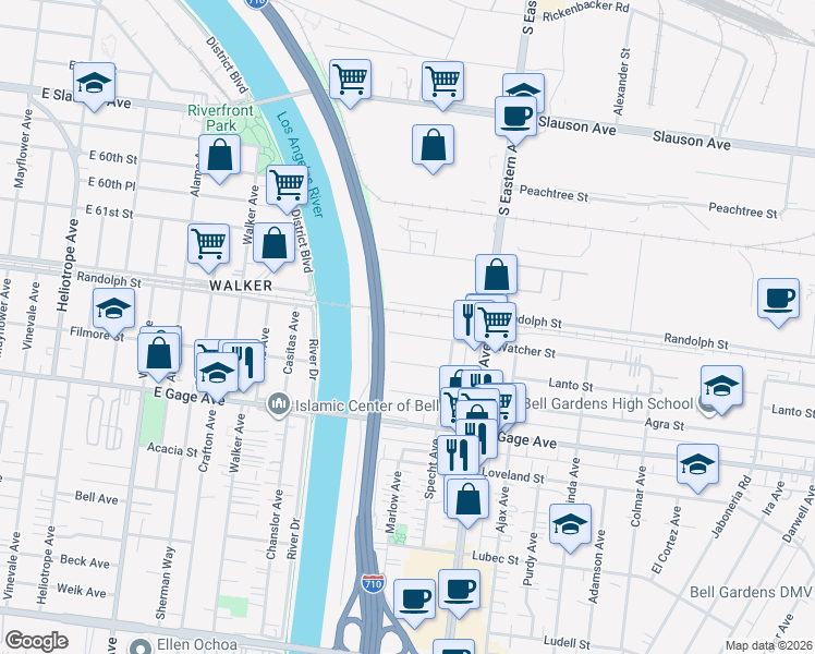 map of restaurants, bars, coffee shops, grocery stores, and more near 5513 Watcher Street in Bell Gardens