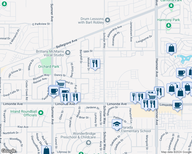map of restaurants, bars, coffee shops, grocery stores, and more near 13078 Irisbend Avenue in Eastvale