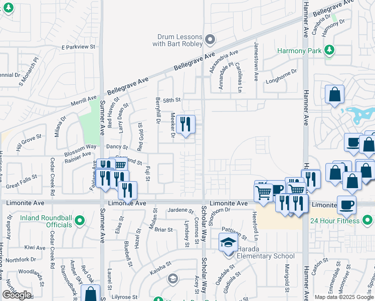 map of restaurants, bars, coffee shops, grocery stores, and more near 13078 Irisbend Avenue in Eastvale