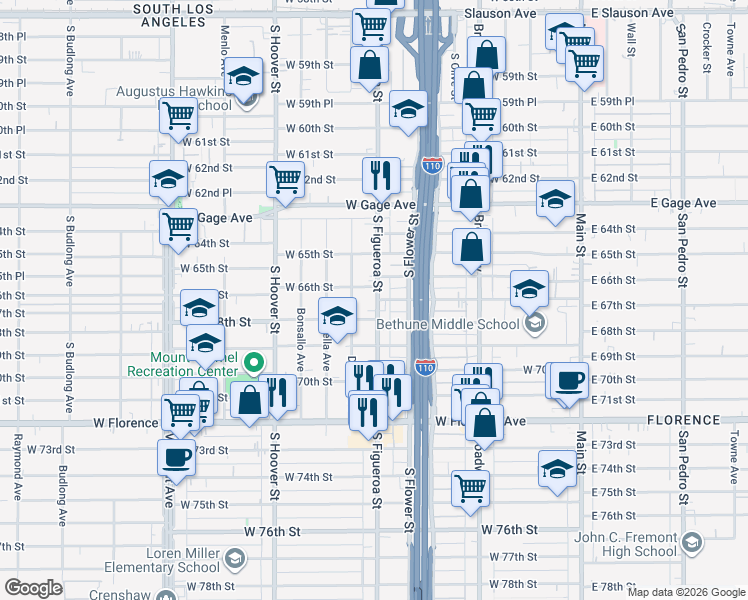 map of restaurants, bars, coffee shops, grocery stores, and more near 6613 South Figueroa Street in Los Angeles