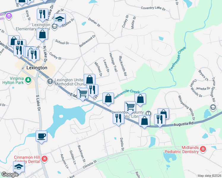 map of restaurants, bars, coffee shops, grocery stores, and more near 171 Tybo Drive in Lexington