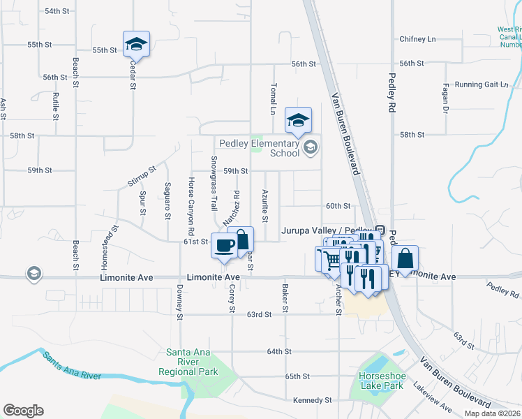 map of restaurants, bars, coffee shops, grocery stores, and more near 6013 Azurite Street in Riverside
