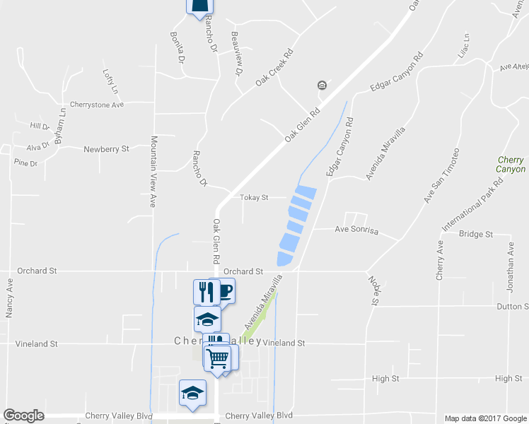 map of restaurants, bars, coffee shops, grocery stores, and more near 39409 Tokay Street in Cherry Valley