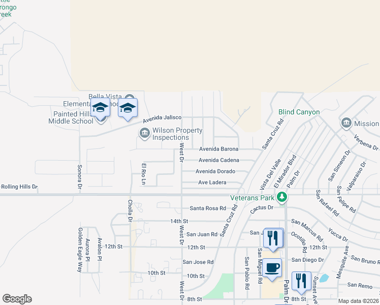 map of restaurants, bars, coffee shops, grocery stores, and more near 66029 Avenida Barona in Desert Hot Springs