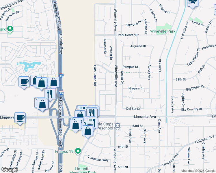 map of restaurants, bars, coffee shops, grocery stores, and more near 5975 Shoveller Court in Jurupa Valley