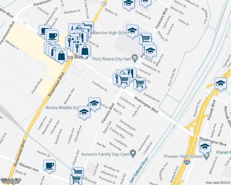 map of restaurants, bars, coffee shops, grocery stores, and more near 9332 Washington Boulevard in Pico Rivera