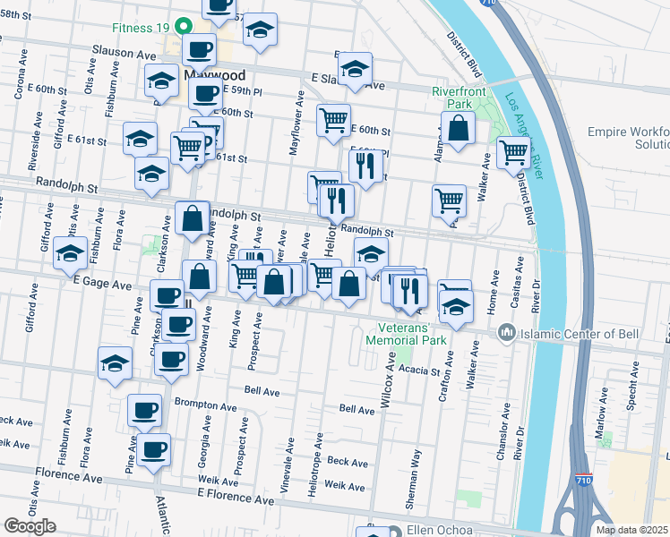 map of restaurants, bars, coffee shops, grocery stores, and more near 6237 Palm Avenue in Bell