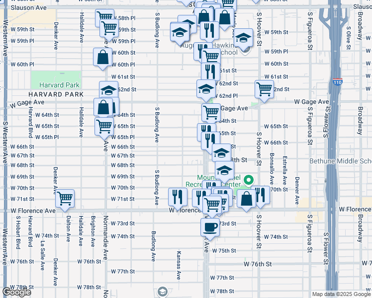 map of restaurants, bars, coffee shops, grocery stores, and more near 1033 West 66th Street in Los Angeles