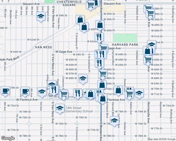 map of restaurants, bars, coffee shops, grocery stores, and more near 6568 South Saint Andrews Place in Los Angeles
